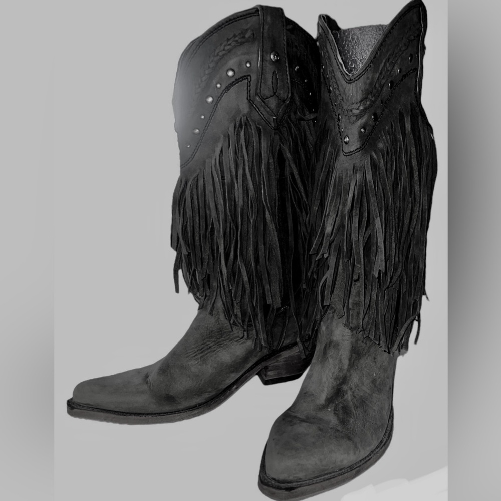 LIBERTY BLACK NEW FRINGE BRAIDED
LEATHER STACKED HEELS
COWBOY WESTERN BOOTS 9